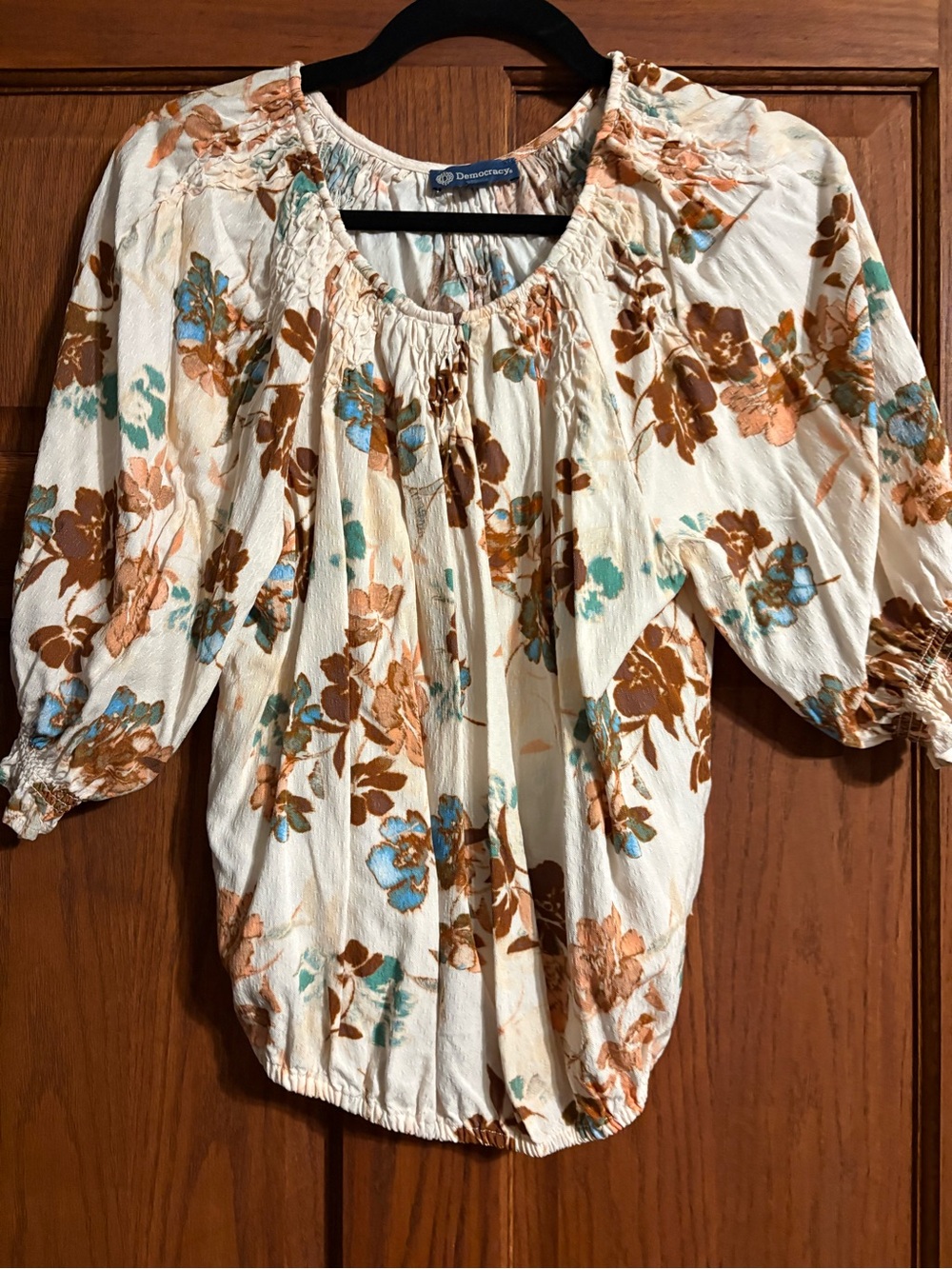 Democracy Cream Floral Peasant Blouse with Brown & Teal Blossoms